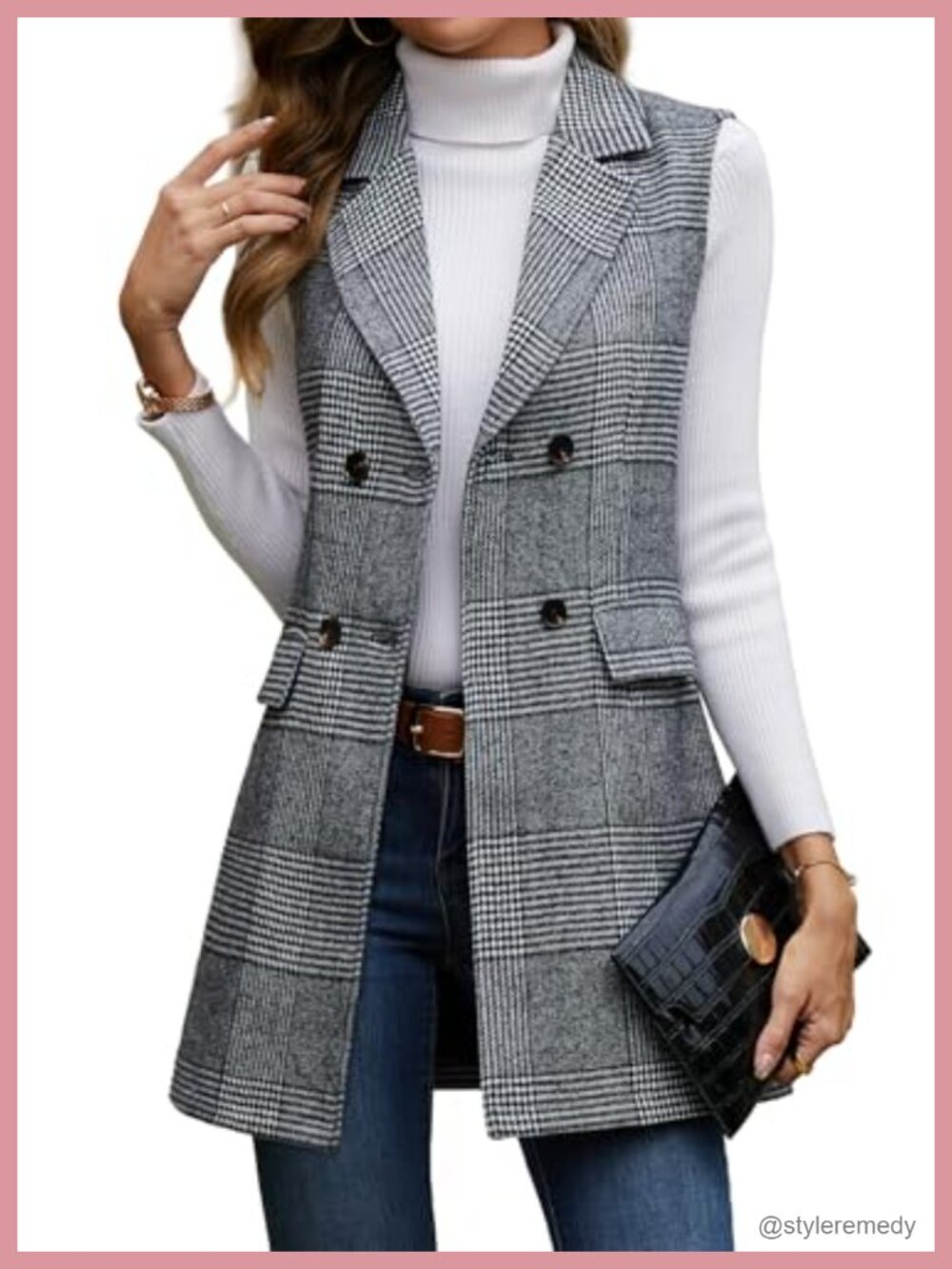 Long Plaid Tweed Vest Sleeveless Blazer Jacket Double Breasted